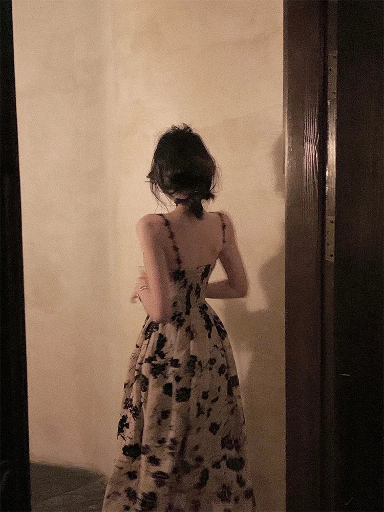 Voguable Summer Floral Strap Midi Dress Women Sleeveless Elegant Vintage Dress Evening Party One Piece Dress Korean Fashion voguable