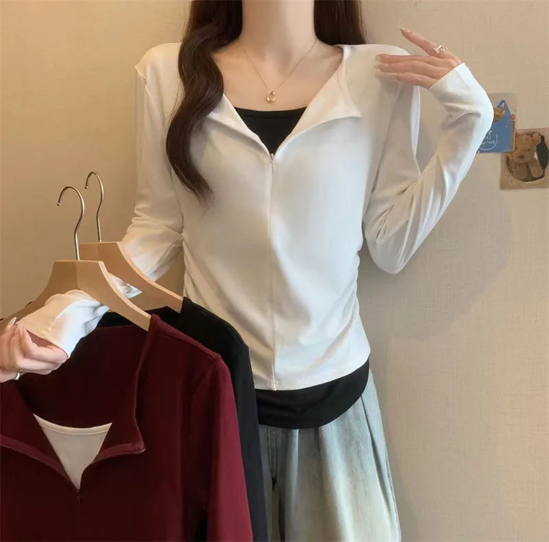 Long Sleeve T Shirt Women Fashion Fake Two Pieces Patchwork Basic Slim Zipper Slimming Bottoming Shirt Retro Red Casual T-shirt voguable