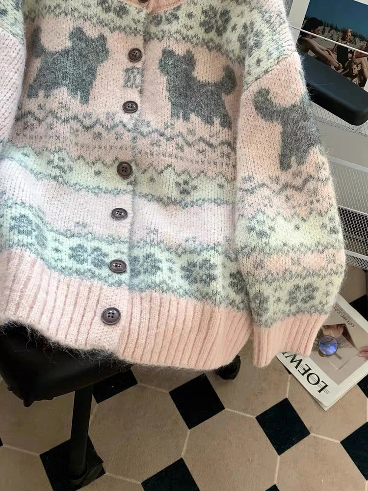 Sweet Pink Cartoon Cardigan Sweaters Women Vintage Lazy Wind Long Sleeve Cute Knitted Coat Casual Japan Kawaii Loose Tops voguable