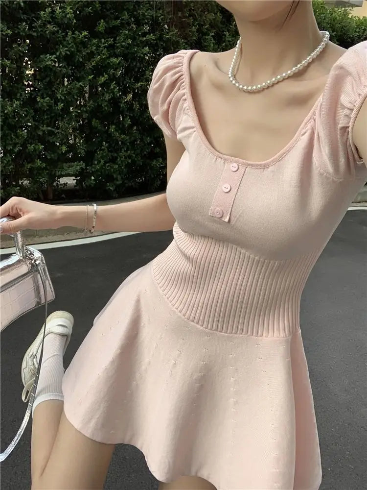 Voguable  Gentle Style Sweet Beauty New Sweet and Spicy Puff Sleeve Waist-hugging Square Neck Temperament Short-sleeved Dress voguable