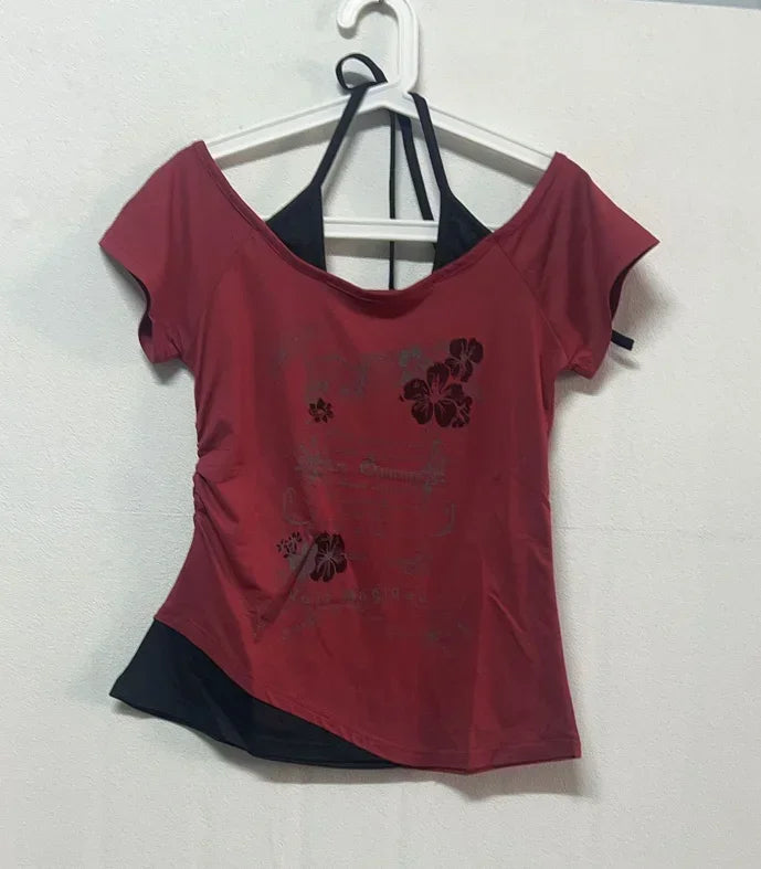 Voguable  Summer Fake Two Pieces Vintage T-shirts Halter Bandage Y2k Aesthetic Slim Crop Grunge Print Tops Women Harajuku Casual Sexy Tee voguable