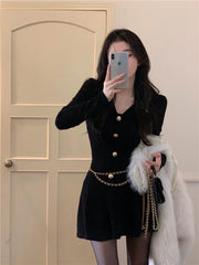 Voguable  Sexy Black Knitting Female Mini Dress Chic Chain Buttons Slim V-neck Fashion Women's Dresses Solid Color Winter Dresses voguable
