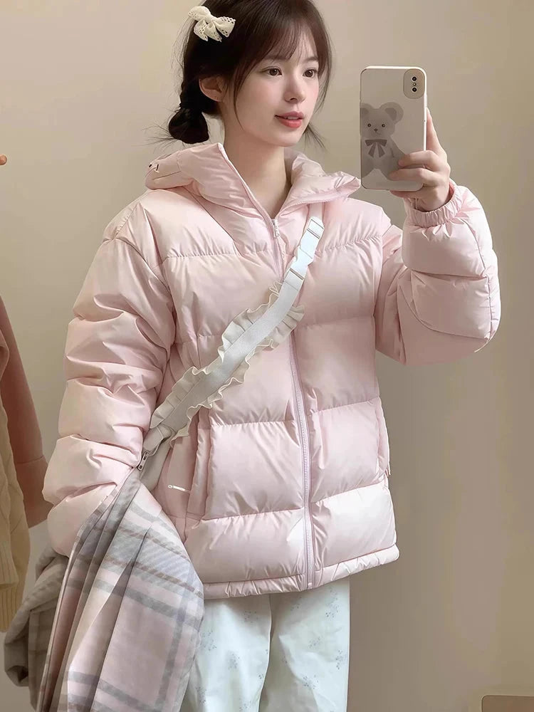 Zoki Winter Cute Pink Puffy Parkas Women Warm Thick Long Sleeve Sweet Cotton Coat Casual Stand Collar Preppy Style Korean Jacket voguable