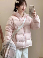Zoki Winter Cute Pink Puffy Parkas Women Warm Thick Long Sleeve Sweet Cotton Coat Casual Stand Collar Preppy Style Korean Jacket voguable