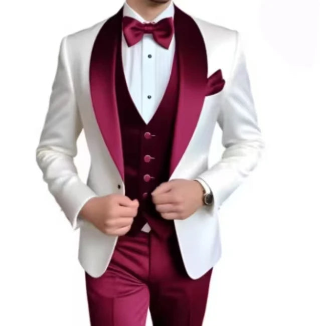Voguable  Elegant Classic High-Quality Men Suit 3pcs Set with Satin Collar Jacket Vest And Trousers Business Wedding Banquet Customizable voguable