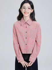 Sweet Red Plaid Shirt Women Preppy Style Vintage Long Sleeve Blouse Korean Fall Loose Female Retro Cute All Match Tops New voguable