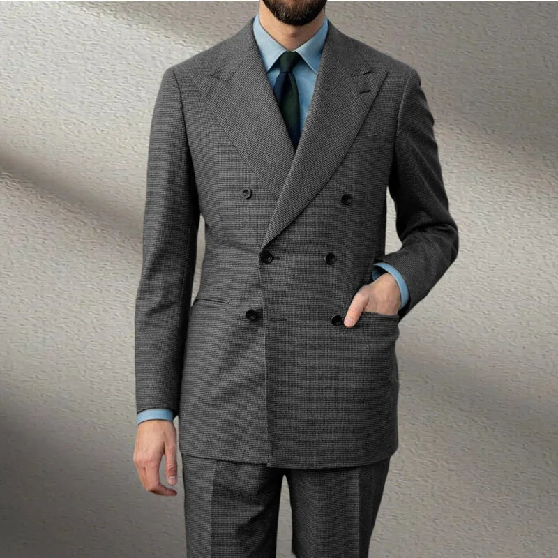 Voguable  Spring 2 Piece Woolen Blend Men's Suit  Set Tailored Double Breasted Lapel Jacket Blazer Elastic Pants Wedding Part Prom Dinner voguable