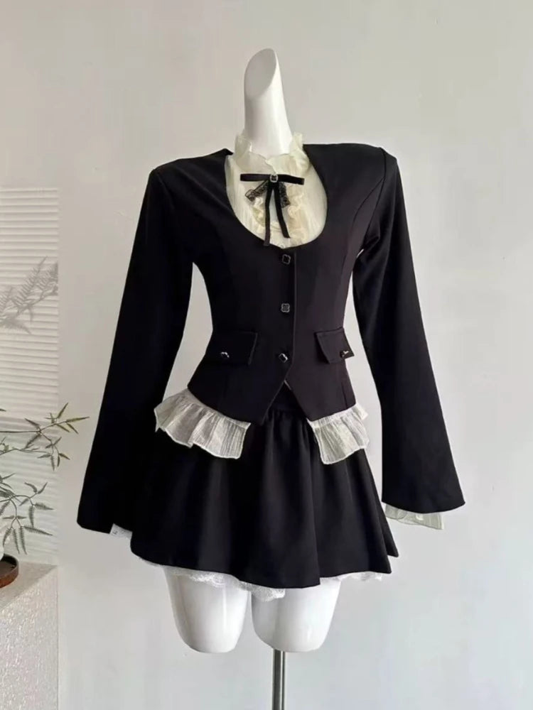 Voguable  Korean Style Chic Spicy Girl Black Suit Jacket Women Elegant Hollow Out White Shirt Puffed Mini Skirt Fashion Three-piece Set voguable