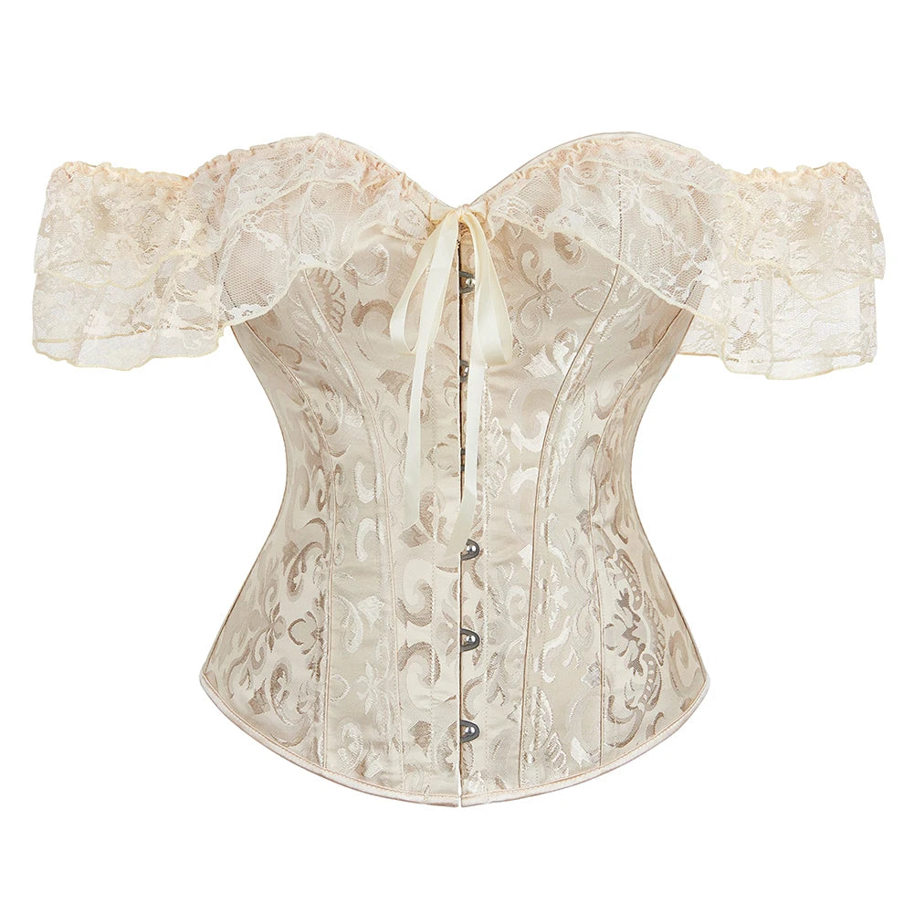 Voguable Womens Bustier Overbust Corselet Lace Up Short Sleeve Sheer Corset Bluse Costume Crop Top voguable