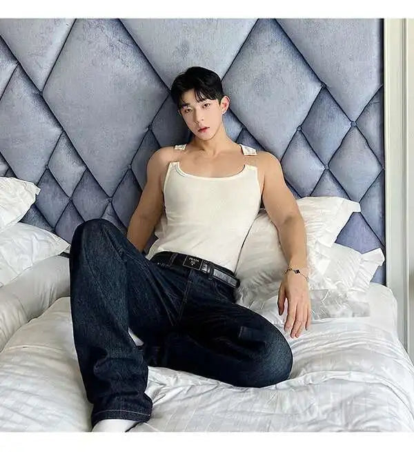 2025 New Fashion Male Vest Patchwork Personality Sleeveless Top Men's Solid Color Slim T-shirt Spring Trendy 9A8204 voguable