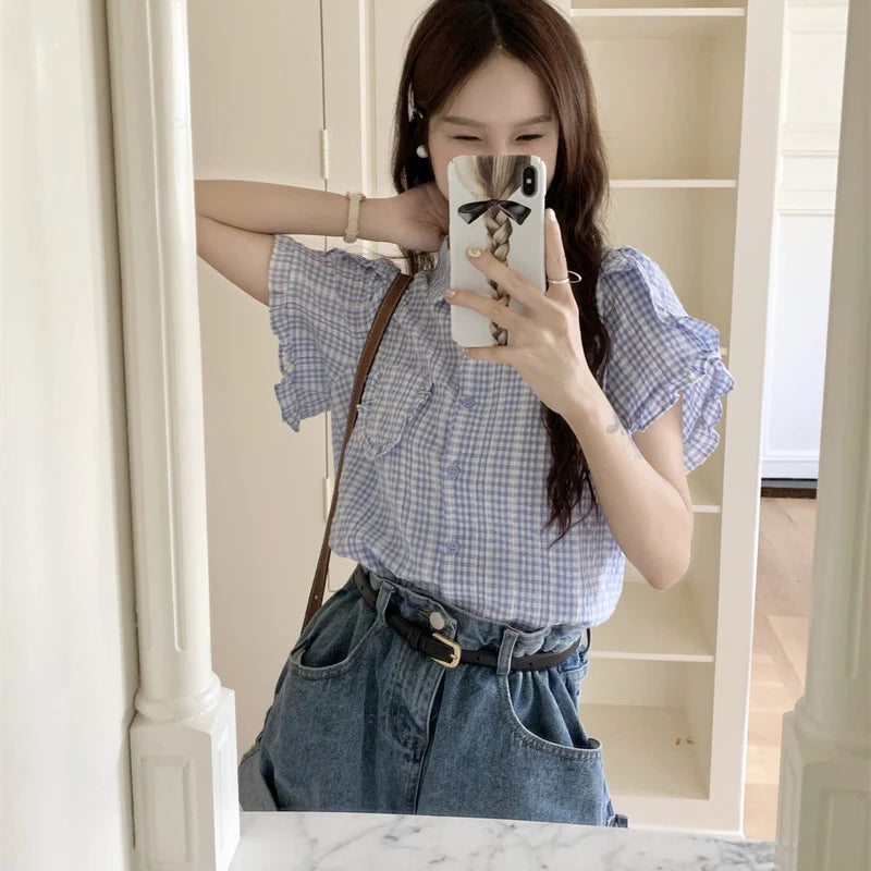 Korean Ruffles Short Sleeve Plaid Shirt Women Preppy Sweet Turn Down Collar Blouse female Summer chic Pocket Button blouse voguable