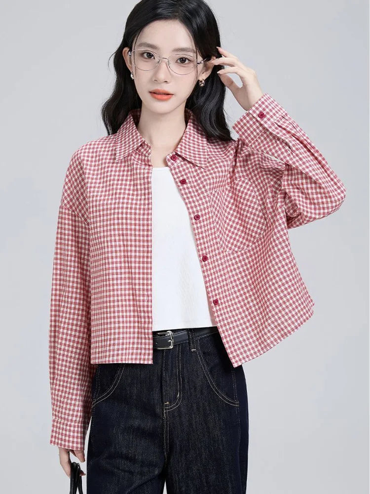 Sweet Red Plaid Shirt Women Preppy Style Vintage Long Sleeve Blouse Korean Fall Loose Female Retro Cute All Match Tops New voguable