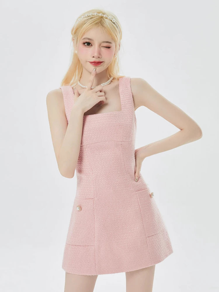 Pink Korean Style Two Piece Set Women Kawaii Sweet Party Mini Dress Set Female Long Sleeve Coat + Elegant Strap Dress Suit