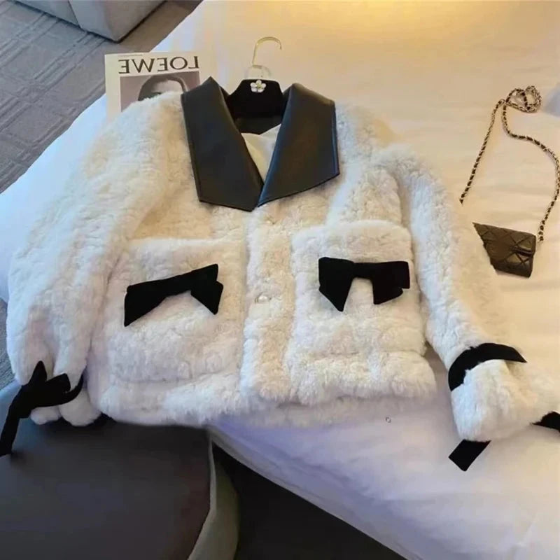 Women Sweet Bow Faux Lamb Coat Fashion Korean Long Sleeve Winter Warm Jacket Chic Slim Patchwork Elegant Pockets Outwear voguable