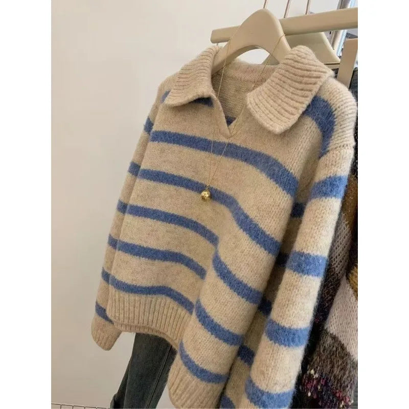 Voguable  Lapel Blue Striped Autumn Winter Sweater Long-sleeved Sweater Pullover Top Layered Versatile Short Style voguable