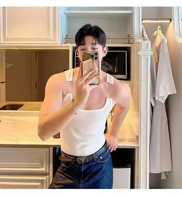 2025 New Fashion Male Vest Patchwork Personality Sleeveless Top Men's Solid Color Slim T-shirt Spring Trendy 9A8204 voguable