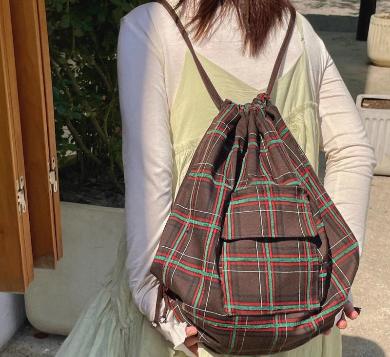 Drawstring Vintage Pleated Women Backpacks Y2k Aesthetic Plaid Grunge Shoulder Bags High-capacity Harajuku Handbags Crossbody voguable