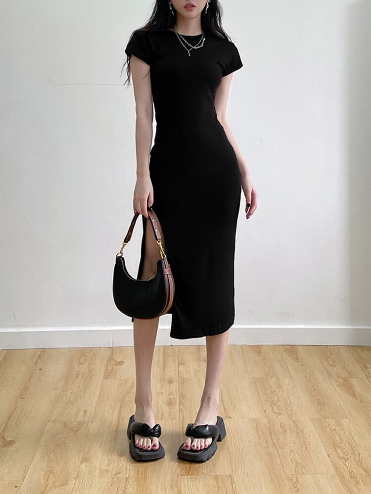 Slim Bodycon Short-Sleeve Stretch Midi Dress mysite