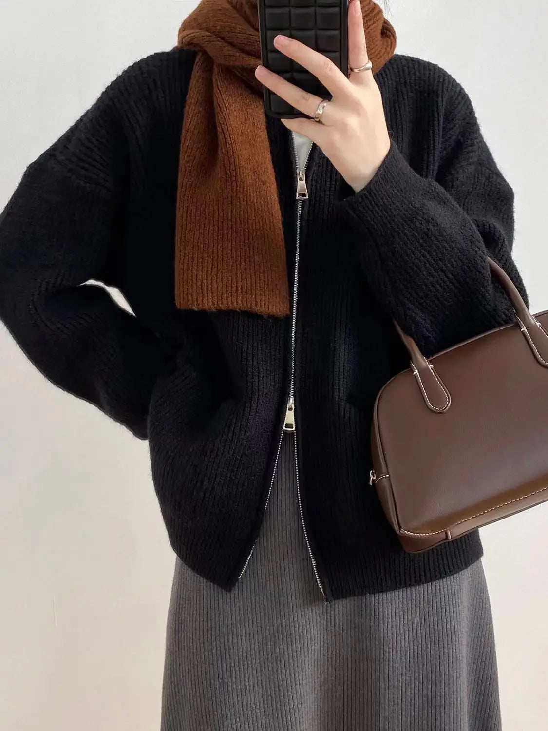 Sweater Cardigan Women Autumn Double Zipper Casual Korean Knitwear Coat Solid Color Loose Soft Long Sleeve Jackets Outerwear voguable