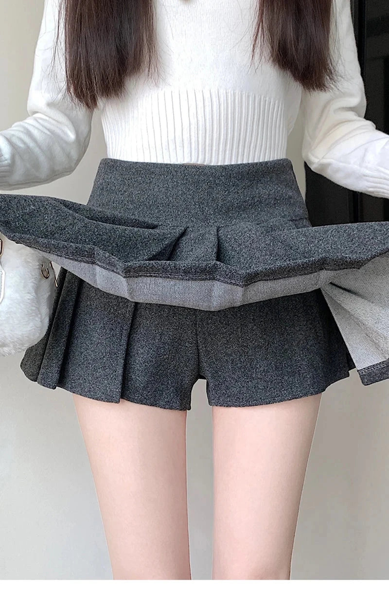Retro Faux Woolen Pleated Skirt Women Sweet Slim Sexy Mini A Line Skirts Preppy Style High Waist Fall Winter Korean Skirt voguable