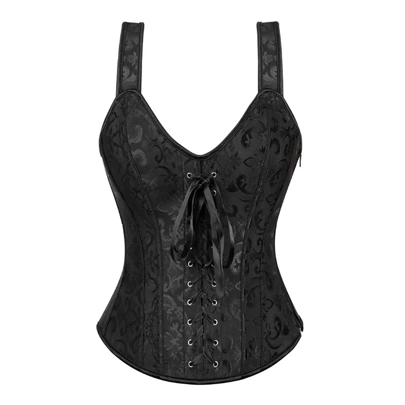 Voguable Rose Red Corset Top With Straps Sexy Bustier Zipper Brocade Vest Lingerie Plus Size Gothic For Women Outfit Burlesque Medieval voguable