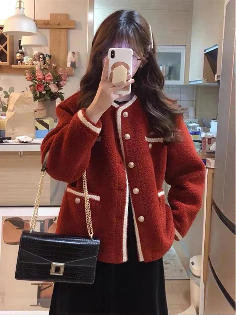 Red Faux Lamb Sweet Coat Women Korean Long Sleeve Winter Warm Jacket Vintage Casual O Neck Elegant Pearls Buttons Cute Tops voguable