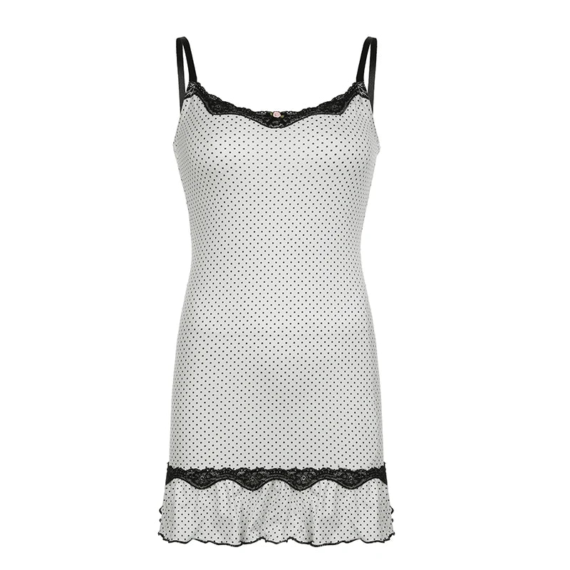 Voguable Coquette Polka Dot Print Spaghetti Strap Dress Women y2k Contrast Lace Stitching Bodycon Mini Sundress Holiday Party voguable