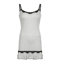 Voguable Coquette Polka Dot Print Spaghetti Strap Dress Women y2k Contrast Lace Stitching Bodycon Mini Sundress Holiday Party voguable
