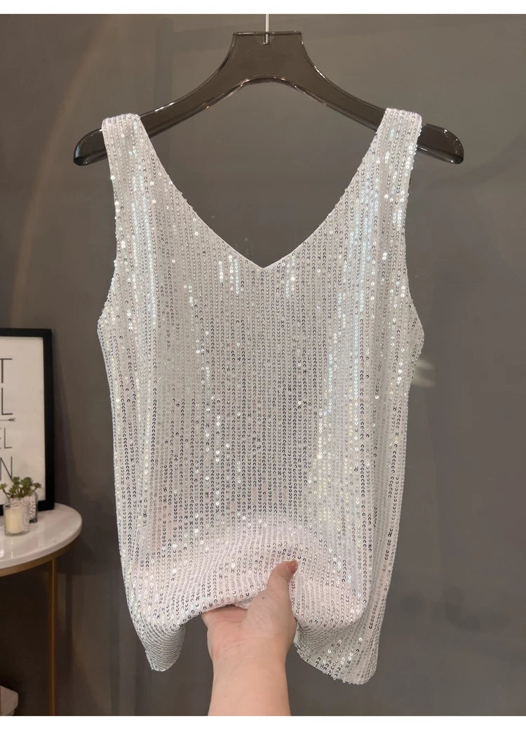 Voguable  New European and American Sequined V-neck Vest Worn Inside A Suit Bottoming Shirt and Worn Outside A Sparkling Top voguable
