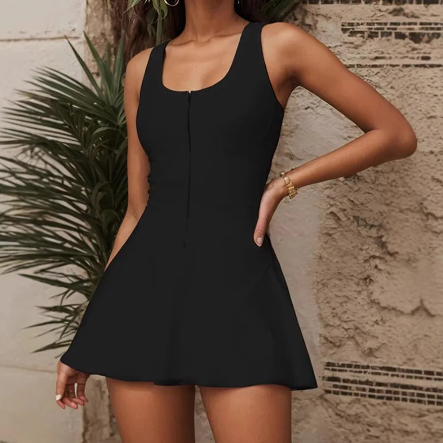 Voguable  European and American -   design sense half zipper retro street art chill lazy low-cut dress voguable