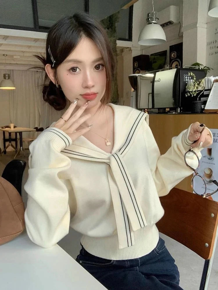 Sweet Sailor Collar Sweaters Women Vintage Preppy Style Fall Knitted Jumpers Casual Long Sleeve Lady Loose Striped Pullover New voguable