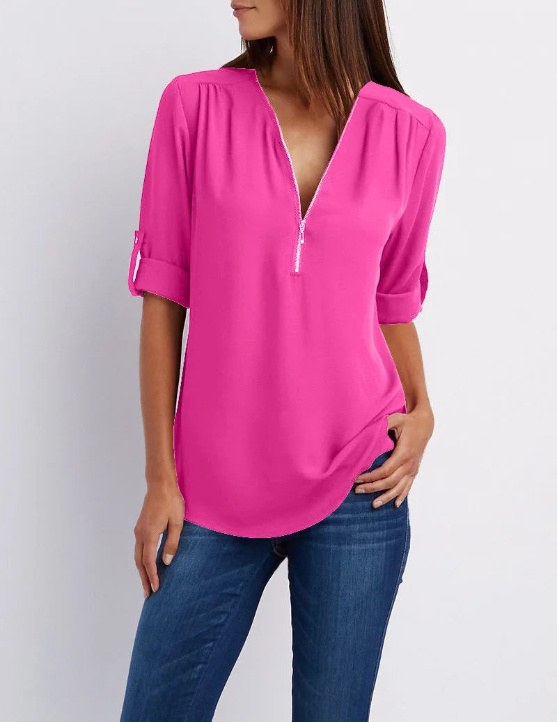 Summer Women Cool Loose Shirt Deep V Neck Chiffon Blouse Casual Ladies Tops Sexy Zipper Pullover Plus Size Long Sleeve Fashion voguable