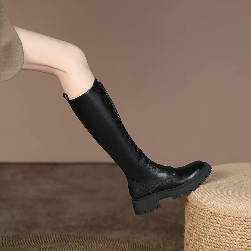 New Genuine Leather Lace-up Boots Women Zip Fashion Knee High Boots Thick Fur Winter Warm Motorcycle Boots Platform Boots voguable
