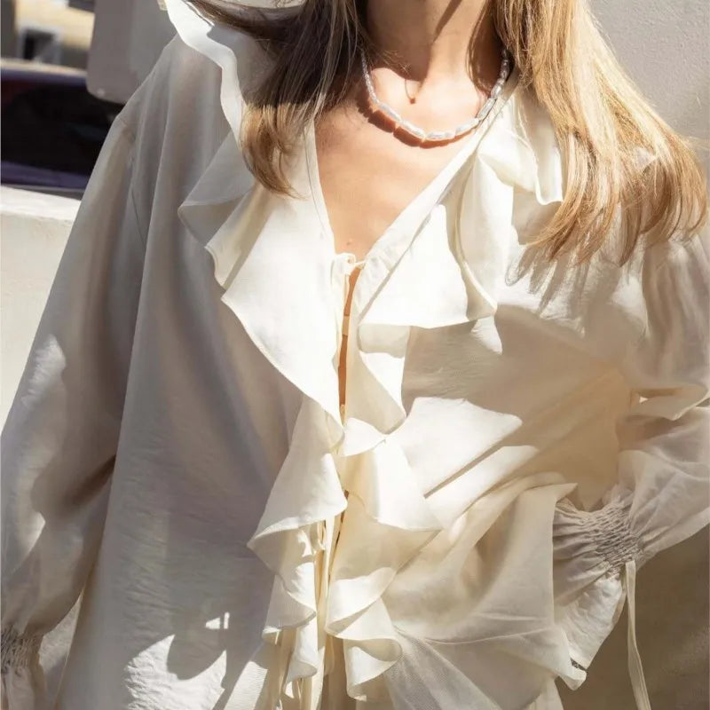 Ruffle Beige Simple Casual Women Sets V-neck Long Sleeve Shirts Top And Shorts Summer Outfits Vacation Chic Fashion 2 Piece Set voguable