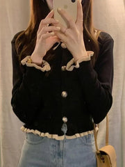 Ruffles Sweet Cardigan Sweaters Women Fashion Slim Long Sleeve Knitted Short Coat Elegant Patchwork Korean Lady Black Tops voguable