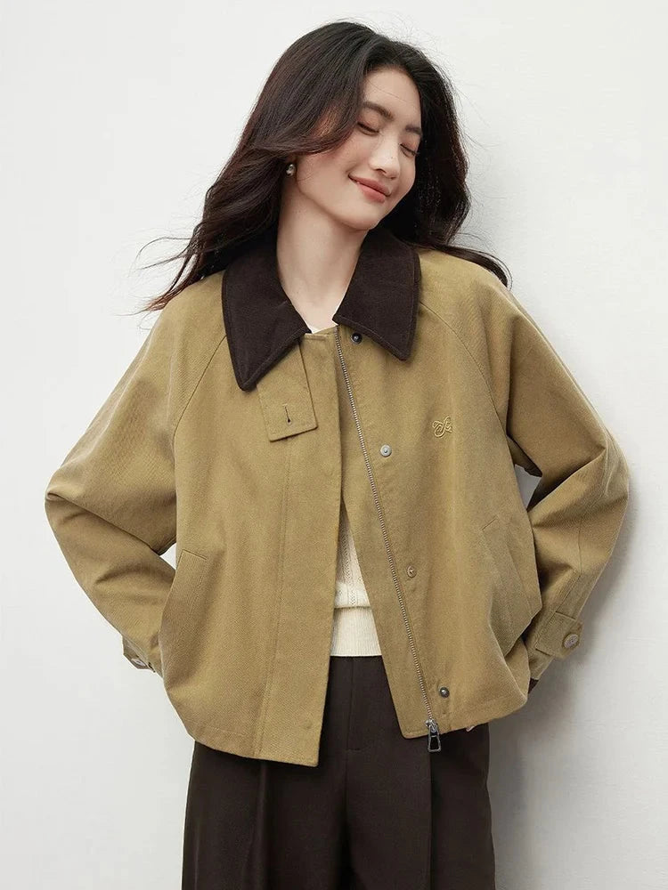 Vintage Casual Khaki Jacket Women Long Sleeve Patchwork High Quality Coat Korean All Match Women Fall Winter Embroidery Top voguable