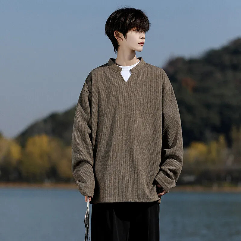 Long Sleeve V-Neck T-Shirt mens Solid Color Spring  Casual Basic Top  Plain Tee Shirt Breathable Comfort Stretch Soft plus size voguable