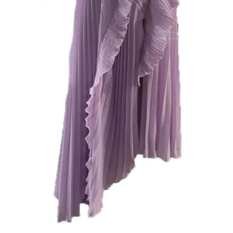 Fashion Folds Irregular Dress Women's Halterneck Sleeveless Tierred Casual Dresses 2025 Summer New Tide voguable