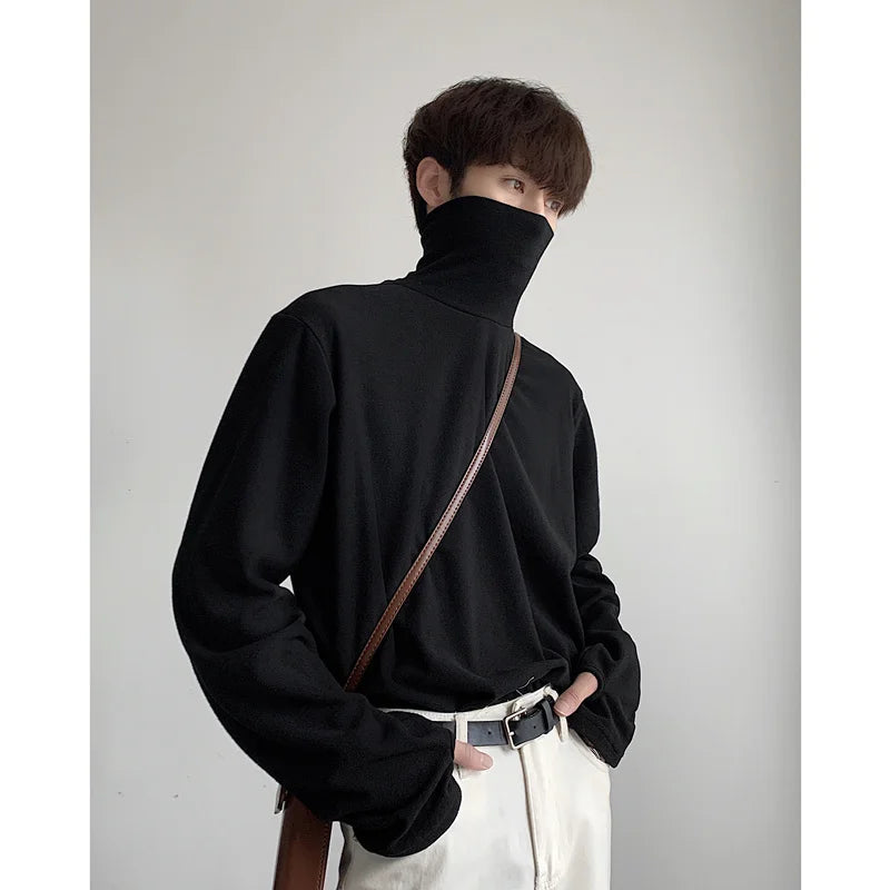 High Collar T Shirt Men Oversized Fashion Black White Casual Tshirt Men Korean Loose Long Sleeve T-shirt Mens Top M-2XL voguable