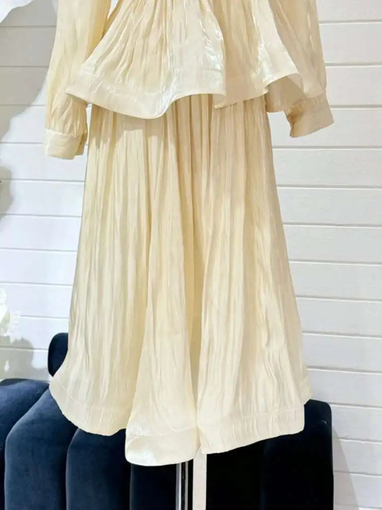 Solid Ruffles Women's 2 Piece Sets V Neck Long Sleeve Shirt High Waist Skirts Loose Elegant Set Autumn 2025 New voguable