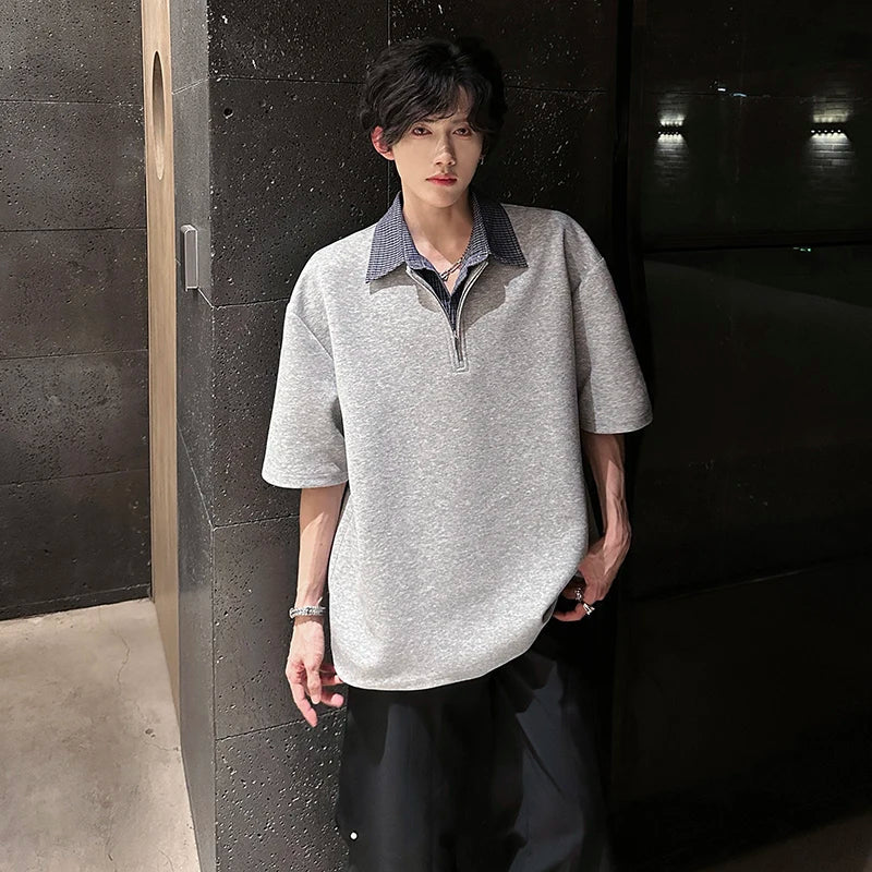 POLOshirt Mens Luxury new Solid Color Half Zip Polo Checkered Collar Stylish Trendy Streetwear T-Shirt Urban Fashion Casual Wear voguable