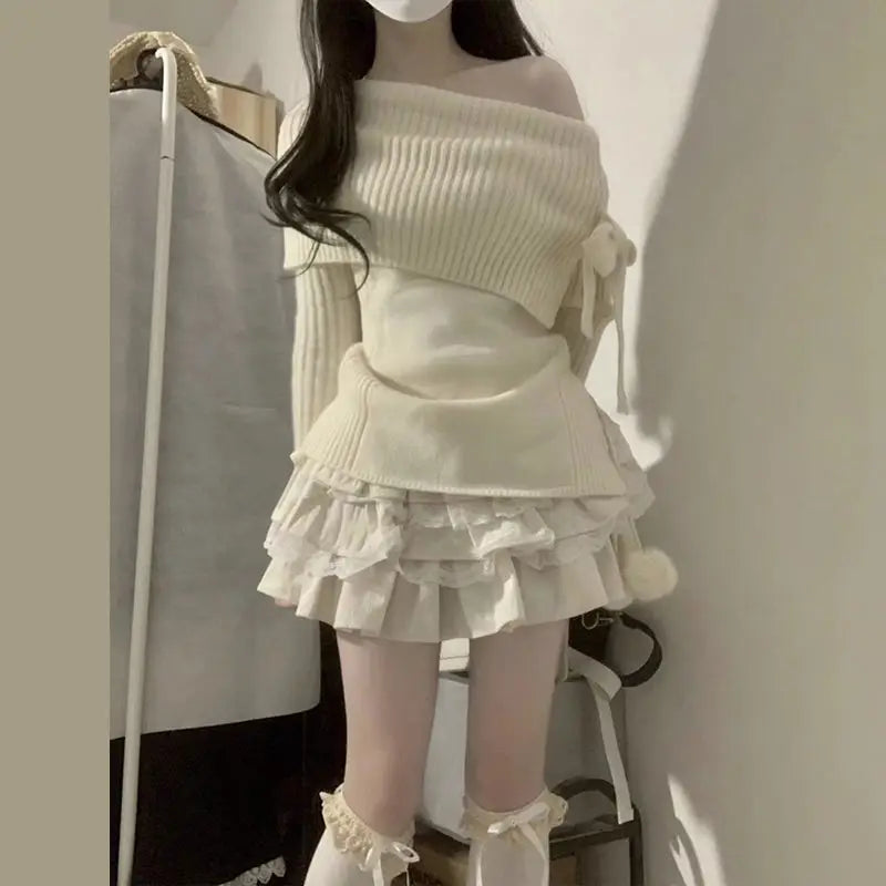 Voguable Autumn Winter Woman Kawaii Sweet 2 Piece Set Off Shoulder Bow Knitted Tops + Mini Cake Skirt Female Korean Fashion Casual Suits voguable
