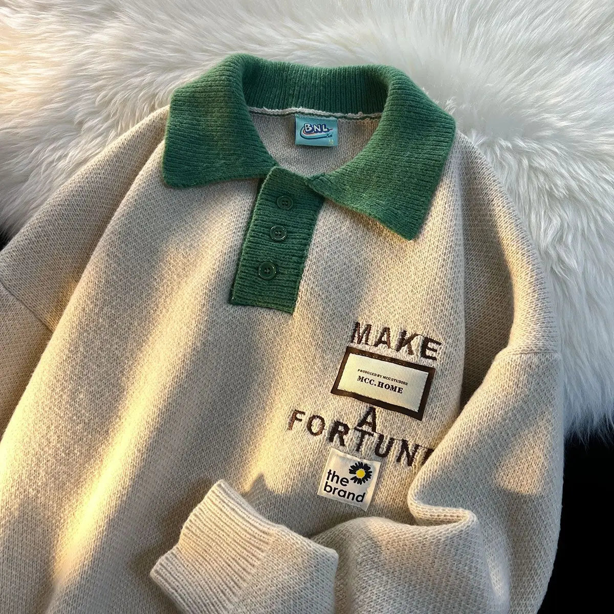 Voguable Ins High Street Cute Embroidery Buttons POLO Shirt Sweaters for Men Baggy Oversized Pullover Harajuku Streetwear Winter Clothes voguable