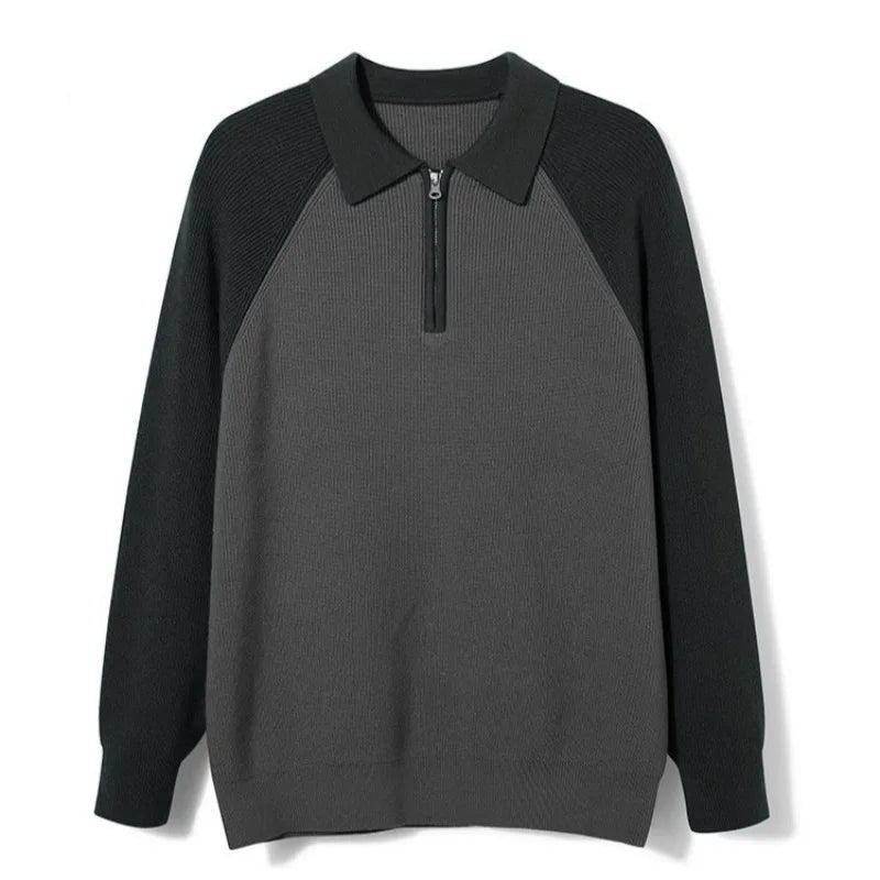 New American Chic Men Polo Sweater Luxury Trendy Business Zip-up Knit Solid Color Pullover Leisure Slim-fit Long Sleeve Knitwear voguable