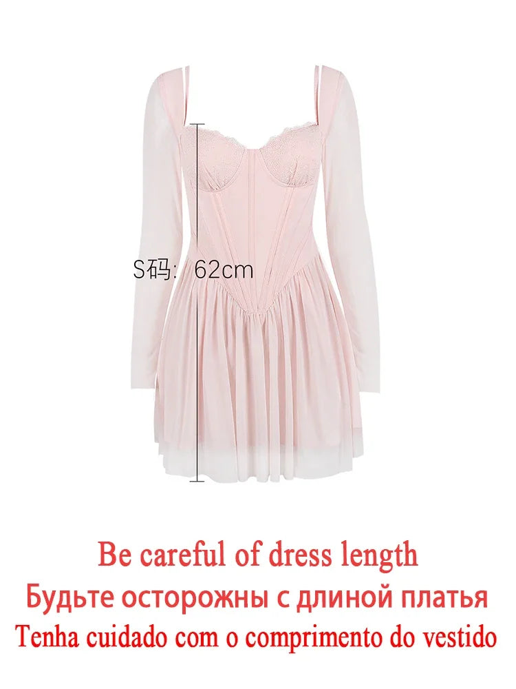 Autumn Mesh Pink Long Sleeve Dress A Line Bodycon Birthday Party Dress Mini Holiday Vacation Dress Women 2023 High Quality voguable