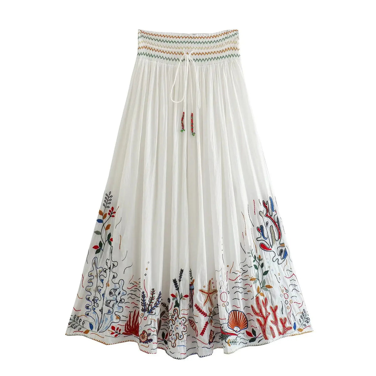 Voguable Women White Long Embroidered Skirt Vintage Drawstring Elastic Mid Waist Female Pleat Boho Skirts voguable