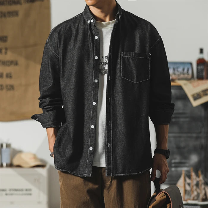 Autumn New Men's Long Sleeve Denim Shirt Classic Black Blue Loose Lapel Collar Coats Fashion Korean High Street Male Clothes Top voguable