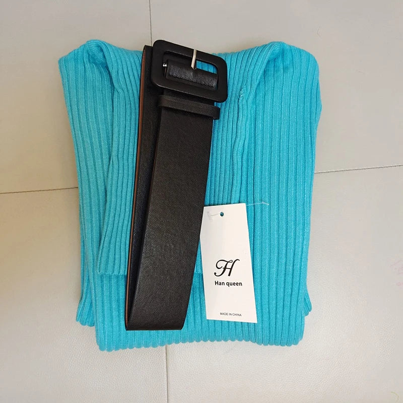 Queen Knitted Bodycon Dress Bottoming Women Soft Elastic Turtleneck Sweater Autumn Winter Midi Party Dresses With Belt voguable