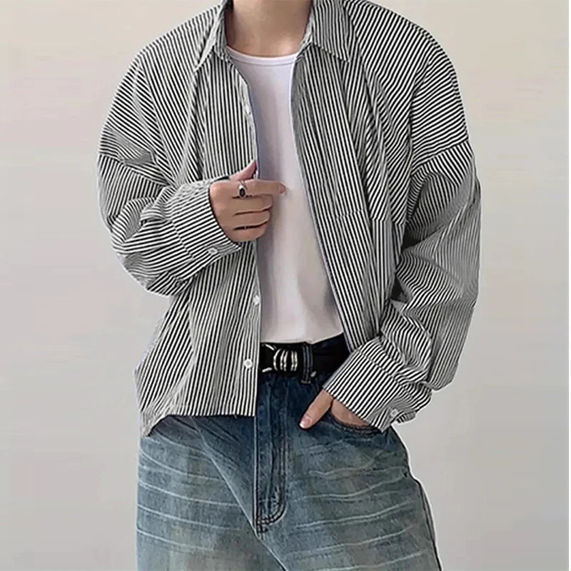 New Japanese Trendy Men Shirts Light Luxury Textured Lapel Striped Long Sleeve Cardigan Tops Leisure Premium Loose Blouse M-2XL voguable