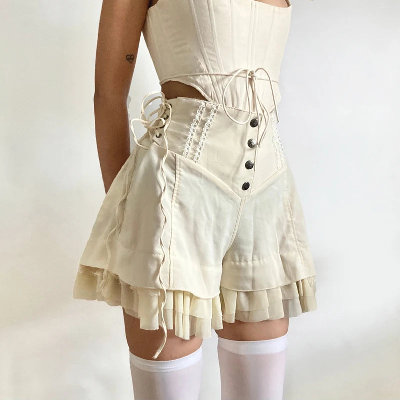 Voguable  Sweet Mesh Tiered Ruffle Shorts Skirts Khaki Wide Form Side Bandage Cute Hot Pants Lolita Style Soft Girls Shorts Y2K voguable